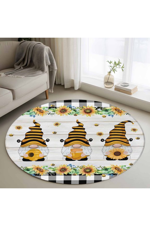 Round Area Rug 3ft, Pastoral Sunflower Dwarf Bee Non-Slip Non-Shedding Floor Mat, Rustic Wood Board Checkered Washable Sturdy Carpet for Living Room Bedroom Home Decor