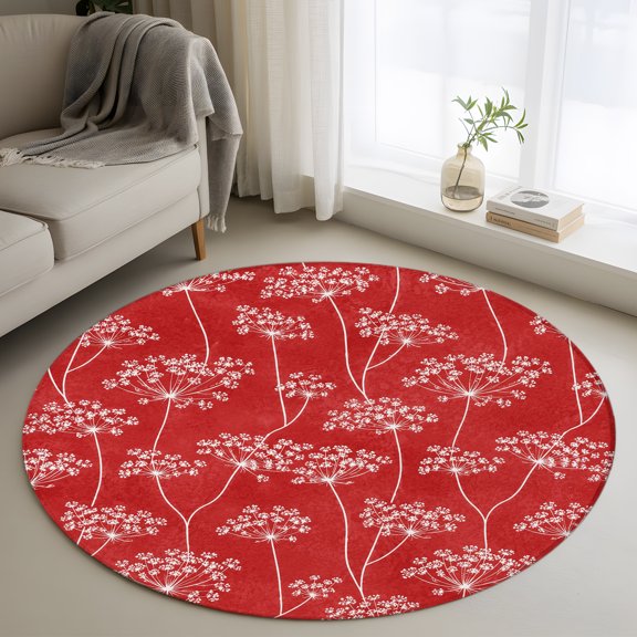 Round Area Rug 3ft, Pastoral Wildflowers Dandelion Non-Shedding Washable Area Rug, Vibrant Red Background Non Slip Low-Profile Circle Rugs for Living Room, Bedroom Dining Room