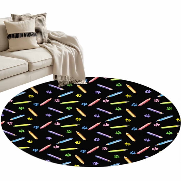 Round Area Rug 3ft Paw Print Pencil Floor Carpets Indoor Floor Area Mat Stain-Proof Mat Circle Rugs for Living Room Dining Room Kitchen Bedroom, Childlike Black Sofa Throw Carpet