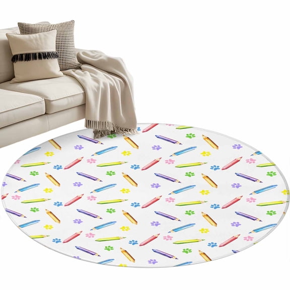Round Area Rug 3ft Paw Print Pencil Floor Carpets Indoor Floor Area Mat Stain-Proof Mat Circle Rugs for Living Room Dining Room Kitchen Bedroom, Childlike Sofa Throw Carpet