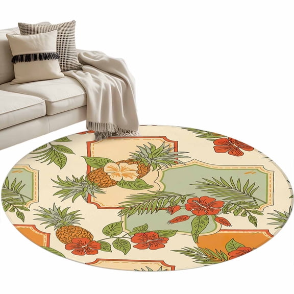 Round Area Rug 3ft Pineapple Floor Carpets Indoor Floor Area Mat Stain-Proof Mat Circle Rugs for Living Room Dining Room Kitchen Bedroom, Tropical Fruit Palm Leaves Sofa Throw Carpet