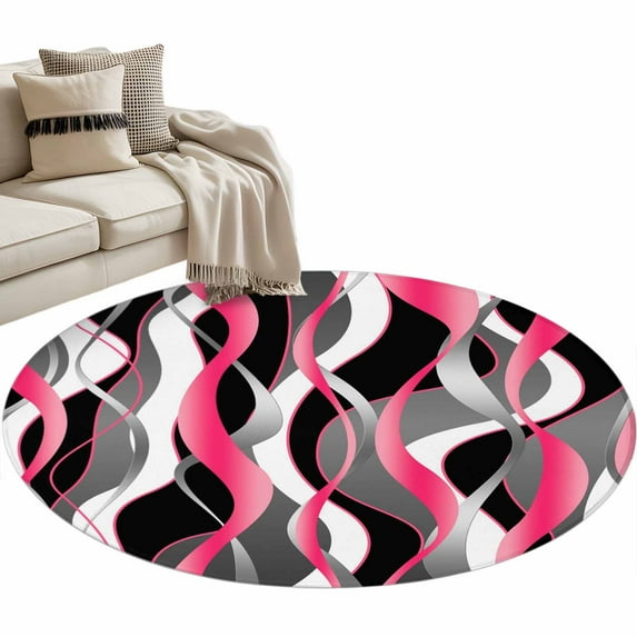 Round Area Rug 3ft Pink Black Lines Floor Carpets Indoor Floor Area Mat Stain-Proof Mat Circle Rugs for Living Room Dining Room Kitchen Bedroom, Modern Abstract Stripes Sofa Throw Carpet