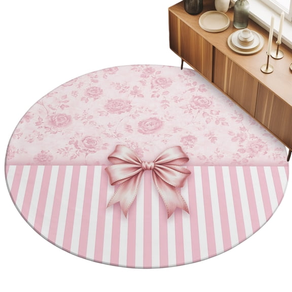 Round Area Rug 3ft Pink Bow Tie Floor Carpets Indoor Floor Area Mat Stain-Proof Mat Circle Rugs for Living Room Dining Room Kitchen Bedroom, Knot Floral Stripes Sofa Throw Carpet