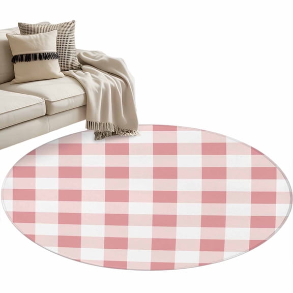 Round Area Rug 3ft Pink Buffalo Plaid Floor Carpets Indoor Floor Area Mat Stain-Proof Mat Circle Rugs for Living Room Dining Room Kitchen Bedroom, Check Lines Sofa Throw Carpet