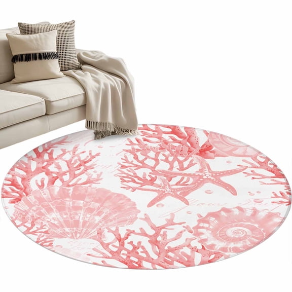Round Area Rug 3ft, Pink Conch Coral Shell Starfish Non-Slip Non-Shedding Floor Mat, Watercolor Marine Life Washable Sturdy Carpet for Living Room Bedroom Home Decor