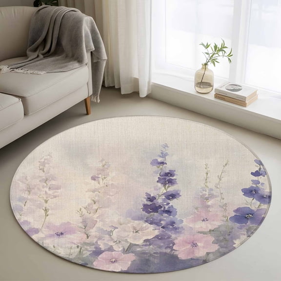 Round Area Rug 3ft Pink Flowers Purple Lavender Circle Kitchen Mats Non-Slip Spring Idyllic Washable Round Carpet for Kitchen Living Room Bedroom Home Decor