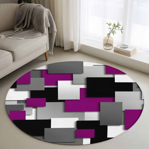 Round Area Rug 3ft, Purple Gray Black Grid Lattice Non-Slip Non-Shedding Floor Mat, Geometric Square Texture Washable Sturdy Carpet for Living Room Bedroom Home Decor