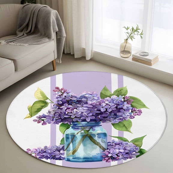 Round Area Rug 3ft, Purple Hydrangeas Flower in Vase Non-Slip Non-Shedding Floor Mat, Farm Floral Art Washable Sturdy Carpet for Living Room Bedroom Home Decor
