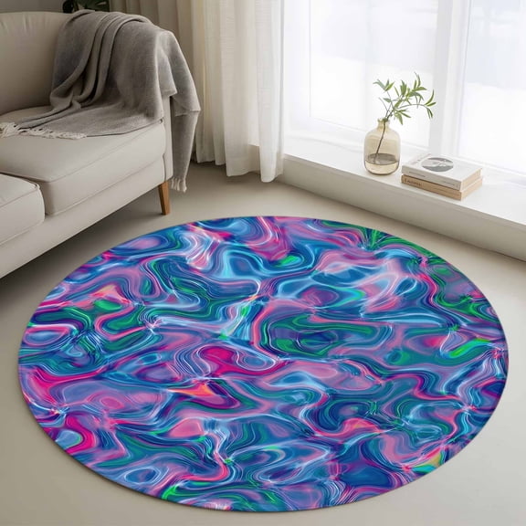 Round Area Rug 3ft,Purple Pink Green Water Waves Washable Carpet Non-Slip Runner Accent Rugs Indoor Floor Mat for Bedroom Living Room Decor,Abstract Modern Art