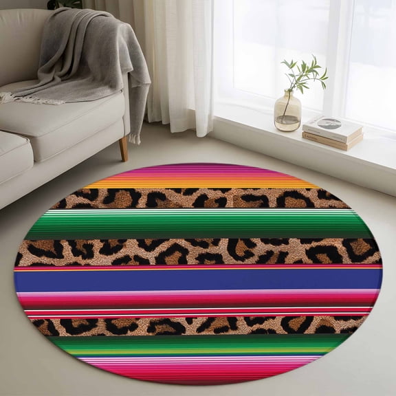 Round Area Rug 3ft Rainbow Stripes Circle Kitchen Mats Non-Slip Leopard Animal Skin Printed Washable Round Carpet for Kitchen Living Room Bedroom Home Decor