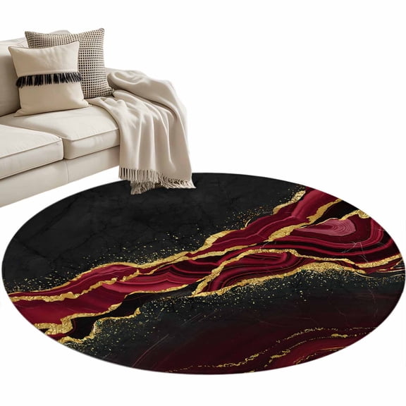 Round Area Rug 3ft Red Abstract Marble Floor Carpets Indoor Floor Area Mat Stain-Proof Mat Circle Rugs for Living Room Dining Room Kitchen Bedroom, Black Malachite Gold Veins Sofa Throw Carpet