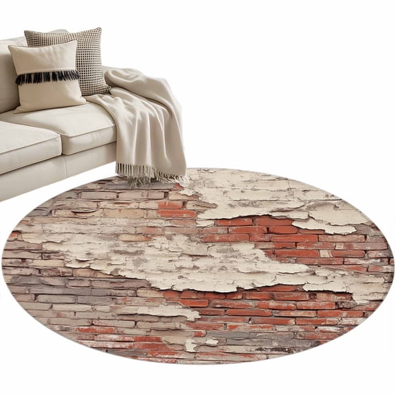 Round Area Rug - 3ft Red Beige Brick Backdrop Old Cement Non Slip Washable Circle Carpet Soft Large Floor Rugs for Living Room Bedroom Nursery Office