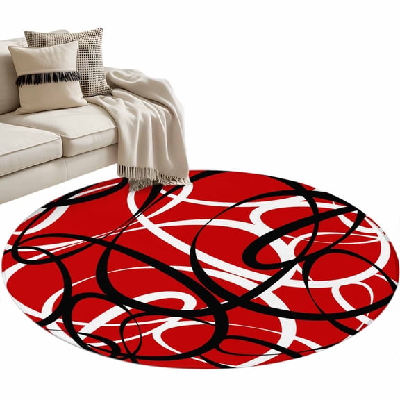 Round Area Rug 3ft Red Black Circle Lines Floor Carpets Indoor Floor Area Mat Stain-Proof Mat Circle Rugs for Living Room Dining Room Kitchen Bedroom, Stripe Modern Abstract Art Sofa Throw Carpet