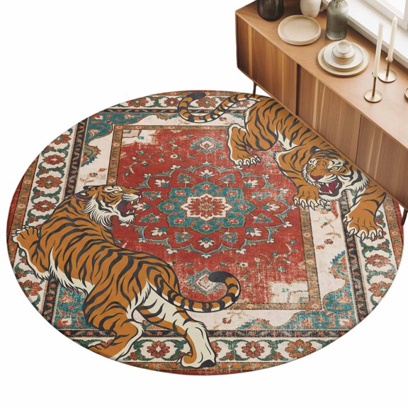 Round Area Rug 3ft Red Boho Tiger Floor Carpets Indoor Floor Area Mat Stain-Proof Mat Circle Rugs for Living Room Dining Room Kitchen Bedroom, Bohemian Animal Print Sofa Throw Carpet