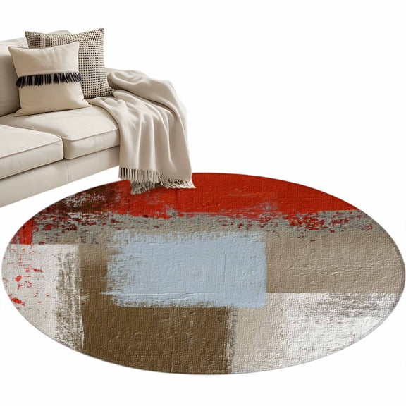 Round Area Rug 3ft Red Brown Abstract Painting Floor Carpets Indoor Floor Area Mat Stain-Proof Mat Circle Rugs for Living Room Dining Room Kitchen Bedroom, Modern Art Paint Sofa Throw Carpet
