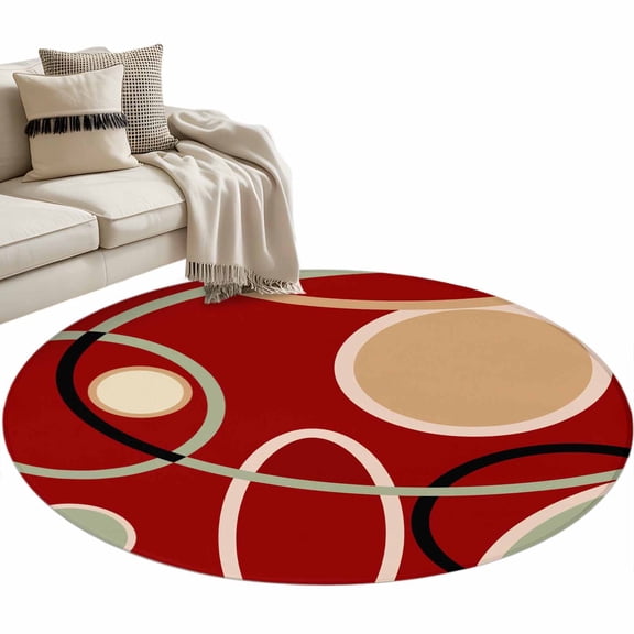 Round Area Rug 3ft Red Circle Floor Carpets Indoor Floor Area Mat Stain-Proof Mat Circle Rugs for Living Room Dining Room Kitchen Bedroom, Geometri Stripe Lines Abstract Art Sofa Throw Carpet