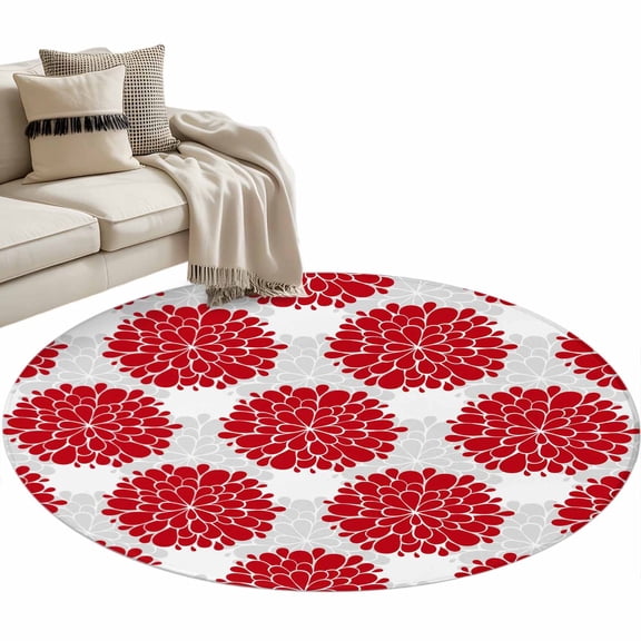 Round Area Rug 3ft Red Dahlia Flowers Floor Carpets Indoor Floor Area Mat Stain-Proof Mat Circle Rugs for Living Room Dining Room Kitchen Bedroom, Grey Floral Sofa Throw Carpet