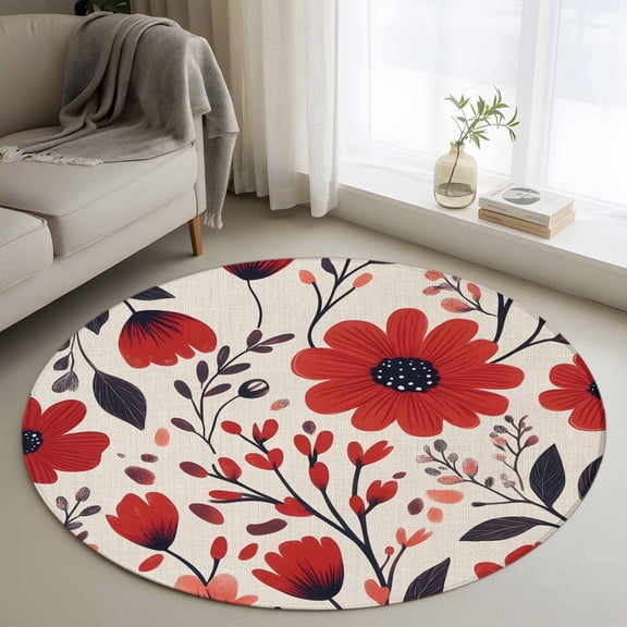 Round Area Rug 3ft Red Flowers Leaf Circle Kitchen Mats Non-Slip Spring Petals Washable Round Carpet for Kitchen Living Room Bedroom Home Decor