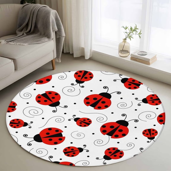 Round Area Rug 3ft, Red Ladybug Seamless Non-Slip Non-Shedding Floor Mat, Funny Cartoon Animal Washable Sturdy Carpet for Living Room Bedroom Home Decor