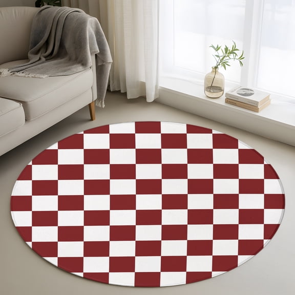 Round Area Rug 3ft Red White Square Tiles Area Rugs Washable Low Pile Floor Carpet for Bedroom, Traditional Plaid Pattern Non Slip Soft Rugs for Living Room Entryway Dining Room