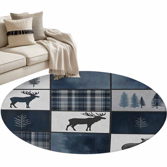 Round Area Rug - 3ft Reindeer Bear Silhouette Pine Tree Non Slip Washable Circle Carpet Soft Large Floor Rugs for Living Room Bedroom Nursery Office