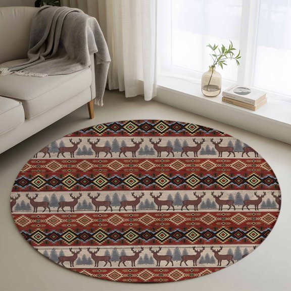Round Area Rug 3ft, Reindeer Forest Ethnic Stripes Non-Shedding Washable Area Rug, Retro Tribal Non Slip Low-Profile Circle Rugs for Living Room, Bedroom Dining Room