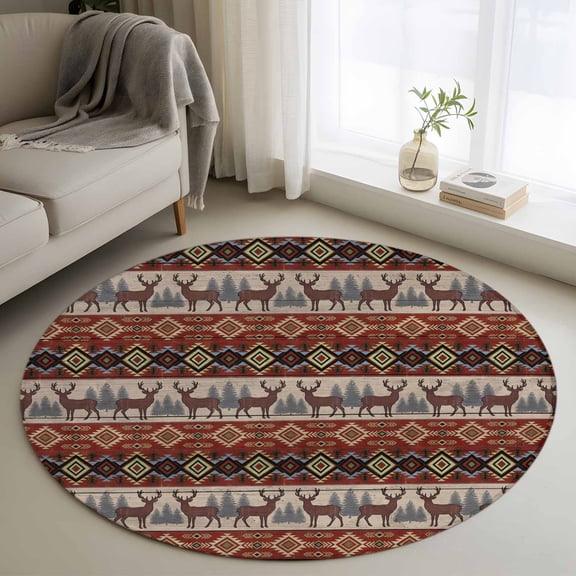 Round Area Rug 3ft, Reindeer Forest Ethnic Stripes Non-Slip Non-Shedding Floor Mat, Retro Tribal Washable Sturdy Carpet for Living Room Bedroom Home Decor