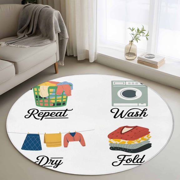 Round Area Rug 3ft,Repeat Wash Dry Fold Words Washable Carpet Non-Slip Runner Accent Rugs Indoor Floor Mat for Bedroom Living Room Decor,Laundry Washing Machine