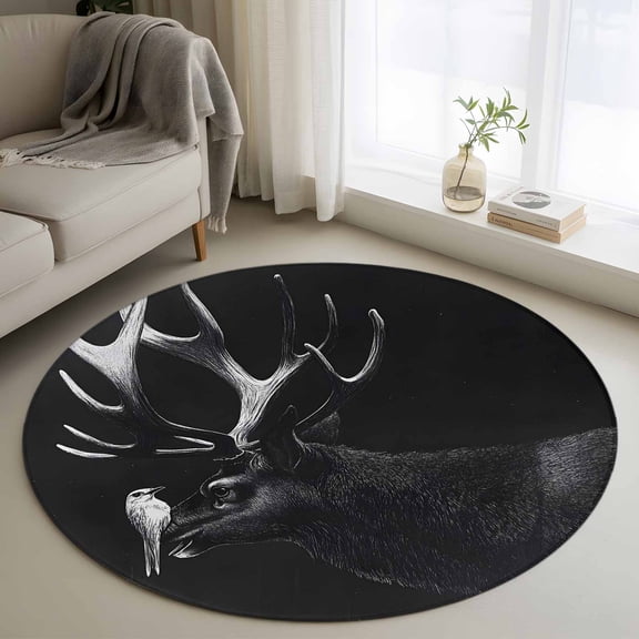 Round Area Rug 3ft,Retro Antelope Bird on Black Washable Carpet Non-Slip Runner Accent Rugs Indoor Floor Mat for Bedroom Living Room Decor,Vintage Abstract Animal