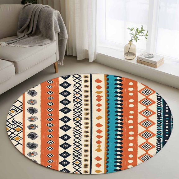 Round Area Rug 3ft Retro Bohemian Art Area Rugs Washable Low Pile Floor Carpet for Bedroom, Abstract Geometric Patterns Non Slip Soft Rugs for Living Room Entryway Dining Room