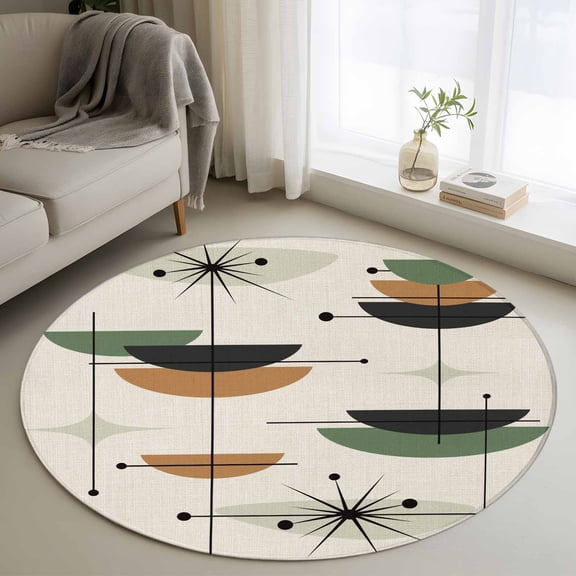 Round Area Rug 3ft, Retro Bohemian Pattern Non-Slip Non-Shedding Floor Mat, Navy Blue Color Block on Linen Washable Sturdy Carpet for Living Room Bedroom Home Decor
