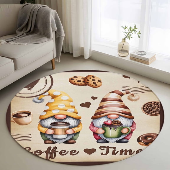 Round Area Rug 3ft Retro Countryside Gnomes Area Rugs Washable Low Pile Floor Carpet for Bedroom, Coffee Time Words on Linen Non Slip Soft Rugs for Living Room Entryway Dining Room