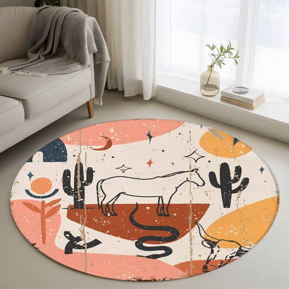 Round Area Rug 3ft,Retro Cowboy Abstract Geometric Washable Carpet Non-Slip Runner Accent Rugs Indoor Floor Mat for Bedroom Living Room Decor,Desert Cactus Horse