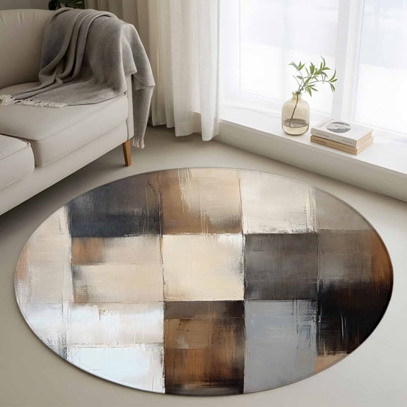 Round Area Rug 3ft,Retro Geometric Patchwork Washable Carpet Non-Slip Runner Accent Rugs Indoor Floor Mat for Bedroom Living Room Decor,Khaki Brown Plaid Artwork
