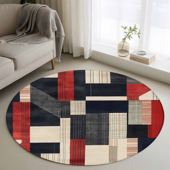 Round Area Rug 3ft Retro Geometric Square Texture Area Rugs Washable Low Pile Floor Carpet for Bedroom, Abstract Line Art Non Slip Soft Rugs for Living Room Entryway Dining Room