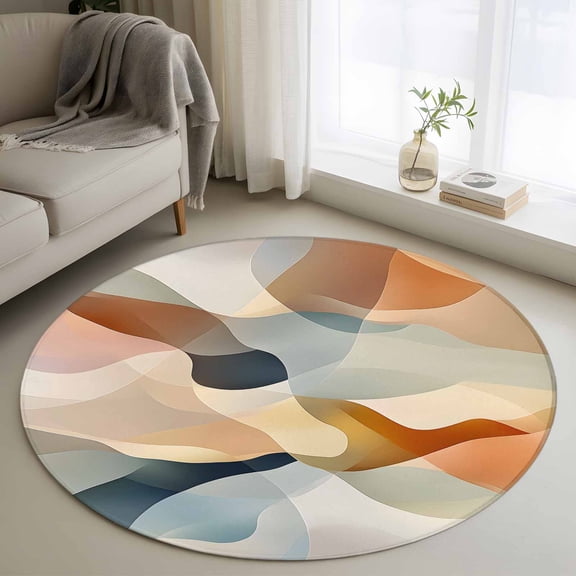 Round Area Rug 3ft Retro Gradient Blue Brown Wave Area Rugs Washable Low Pile Floor Carpet for Bedroom, Abstract Water Ripple Non Slip Soft Rugs for Living Room Entryway Dining Room