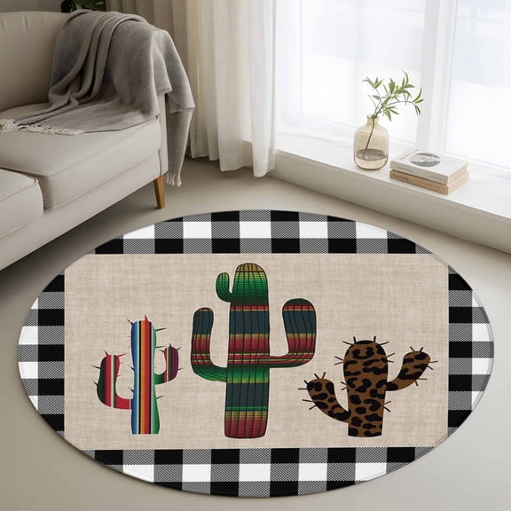 Round Area Rug 3ft,Retro Mexico Stripe Cactus Tropical Plant on Linen Washable Carpet Non-Slip Runner Accent Rugs Indoor Floor Mat for Bedroom Living Room Decor,Buffalo Check