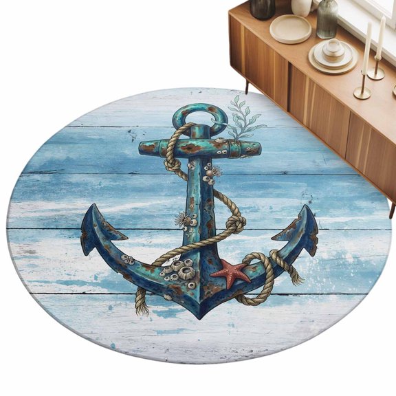 Round Area Rug 3ft Retro Nautical Anchor Floor Carpets Indoor Floor Area Mat Stain-Proof Mat Circle Rugs for Living Room Dining Room Kitchen Bedroom, Rustic Blue Wood Grain Sofa Throw Carpet
