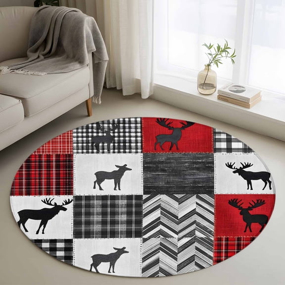 Round Area Rug 3ft Retro Reindeer Silhouette Area Rugs Washable Low Pile Floor Carpet for Bedroom, Buffalo Wood Plank Stitching Art Non Slip Soft Rugs for Living Room Entryway Dining Room