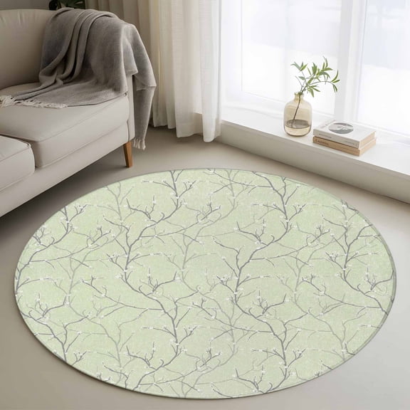 Round Area Rug 3ft,Retro Tree Branches Texture Washable Carpet Non-Slip Runner Accent Rugs Indoor Floor Mat for Bedroom Living Room Decor,Vintage Plants on Green
