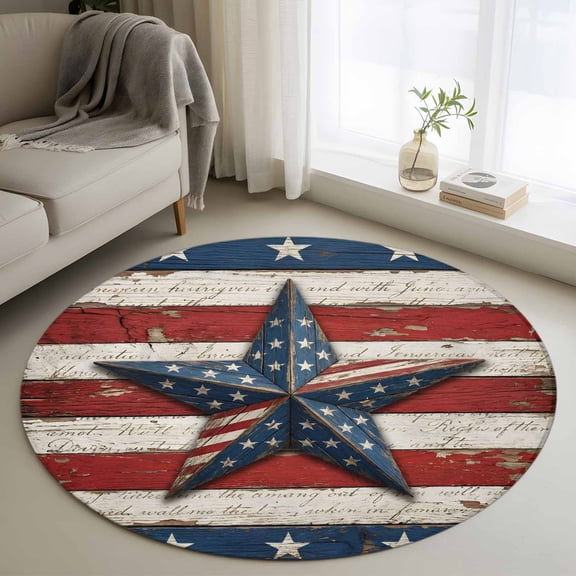 Round Area Rug 3ft, Retro USA Flag Wood Texture Non-Slip Non-Shedding Floor Mat, July 4th Red Blue White Star Stripe Washable Sturdy Carpet for Living Room Bedroom Home Decor