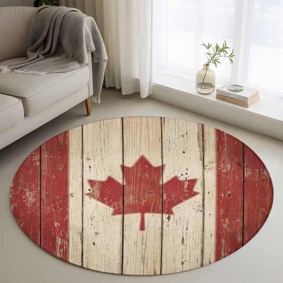 Round Area Rug 3ft Retro Wooden Stripes Maple Leafs Area Rugs Washable Low Pile Floor Carpet for Bedroom, Country Red Brown Plank Non Slip Soft Rugs for Living Room Entryway Dining Room