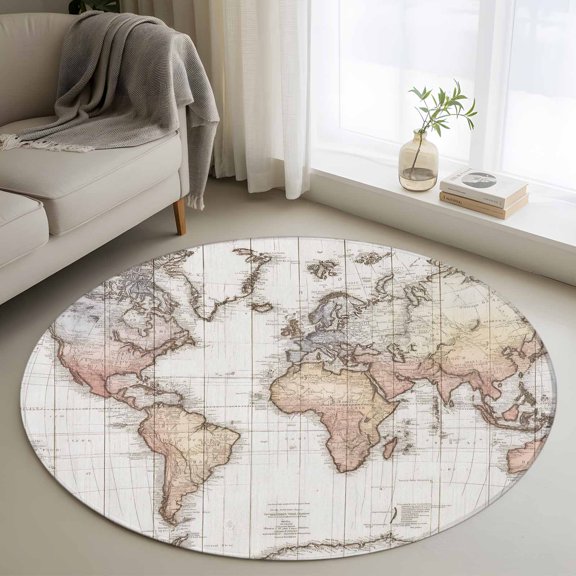 Round Area Rug 3ft, Retro World Map Pattern Non-Slip Non-Shedding Floor Mat, Retro Map on White Wood Washable Sturdy Carpet for Living Room Bedroom Home Decor