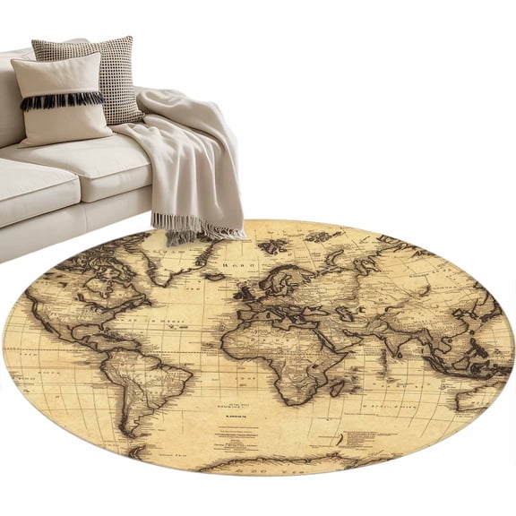 Round Area Rug - 3ft Retro Yellow World Map North America Asia Non Slip Washable Circle Carpet Soft Large Floor Rugs for Living Room Bedroom Nursery Office