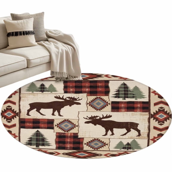 Round Area Rug - 3ft Rural Reindeer Retro Tribe Plaid Non Slip Washable Circle Carpet Soft Large Floor Rugs for Living Room Bedroom Nursery Office