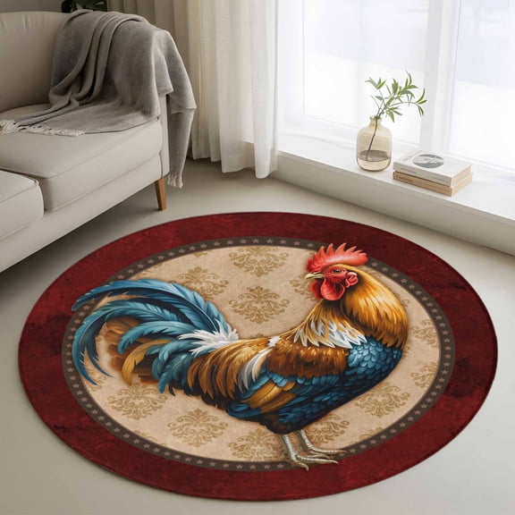 Round Area Rug 3ft, Rustic Farm Rooster on Retro Texture Non-Slip Non-Shedding Floor Mat, Red Marble Agate Washable Sturdy Carpet for Living Room Bedroom Home Decor