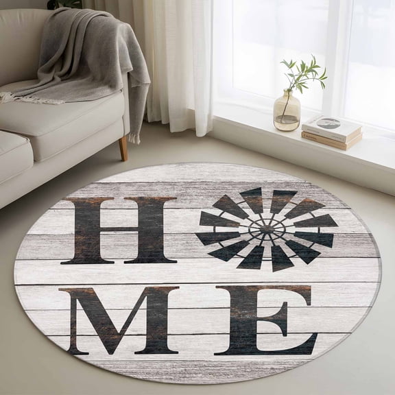 Round Area Rug 3ft, Rustic Farm Windmill HOME Quotes Non-Shedding Washable Area Rug, Chic Wooden Plank Non Slip Low-Profile Circle Rugs for Living Room, Bedroom Dining Room