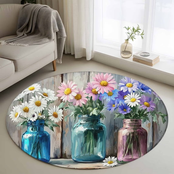 Round Area Rug 3ft, Rustic Flower Vase Retro Wood Non-Shedding Washable Area Rug, White Pink Purple Daisy Floral Non Slip Low-Profile Circle Rugs for Living Room, Bedroom Dining Room