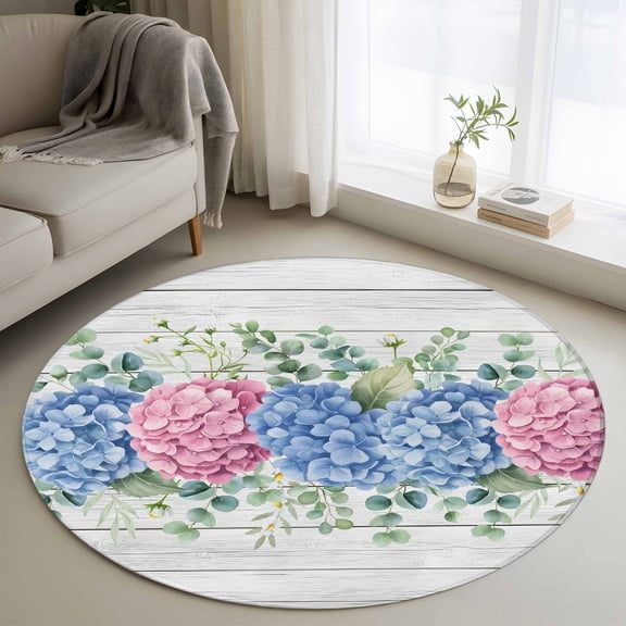 Round Area Rug 3ft, Rustic Hydrangea Eucalyptus Leaf Non-Slip Non-Shedding Floor Mat, Spring Pink Blue Flower Wood Washable Sturdy Carpet for Living Room Bedroom Home Decor