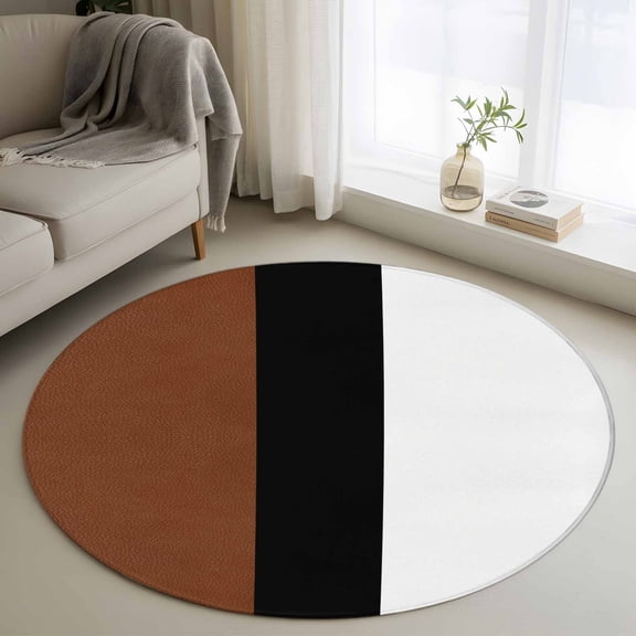 Round Area Rug 3ft, Rustic Modern Minimalist Color Block Non-Shedding Washable Area Rug, Leather Texture Brown Black White Non Slip Low-Profile Circle Rugs for Living Room, Bedroom Dining Room